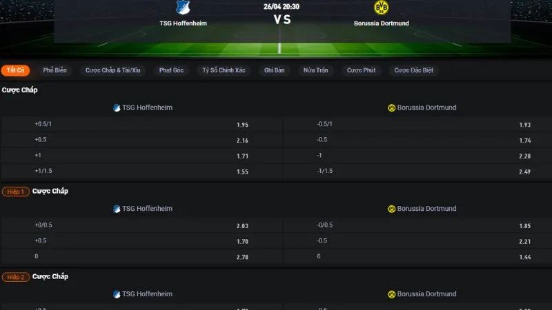 Bảng tỷ lệ kèo trận Hoffenheim vs Dortmund